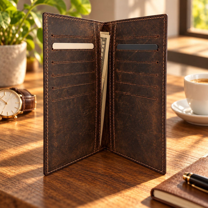 BarberSets Leather Long Bifold Card Holder Wallet - Dark Brown, Large (Model 103L)