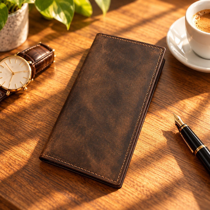BarberSets Leather Long Bifold Card Holder Wallet - Dark Brown, Large (Model 103L) - real photo, open