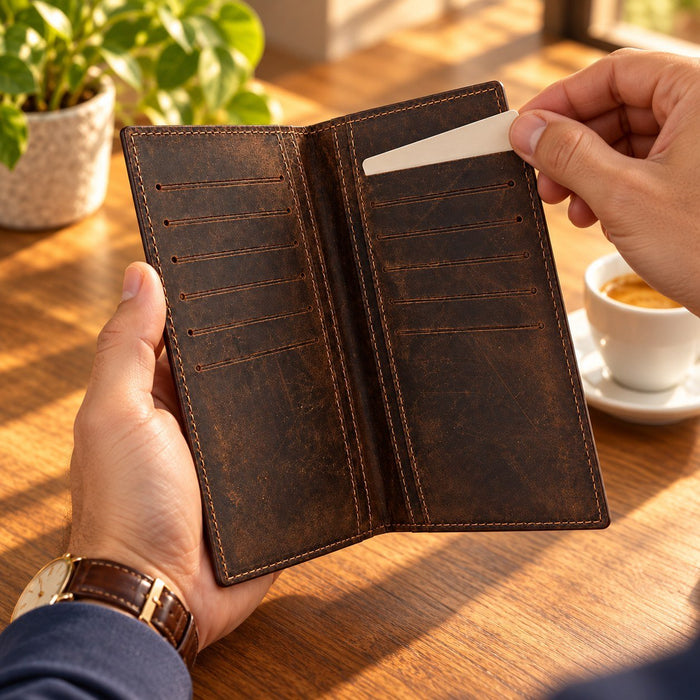 BarberSets Leather Long Bifold Card Holder Wallet - Dark Brown, Large (Model 103L) - real photo, outer cover