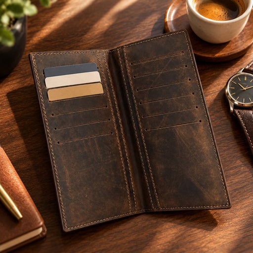 BarberSets Leather Long Bifold Card Holder Wallet - Dark Brown, X-Large (Model 103XL) - lifestyle