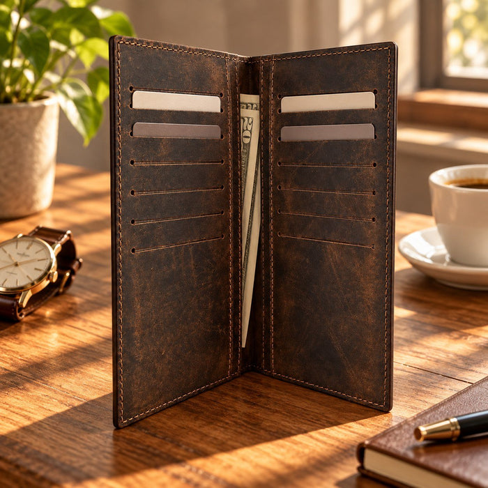 BarberSets Leather Long Bifold Card Holder Wallet - Dark Brown, X-Large (Model 103XL)