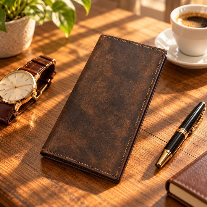 BarberSets Leather Long Bifold Card Holder Wallet - Dark Brown, X-Large (Model 103XL) - real photo, open