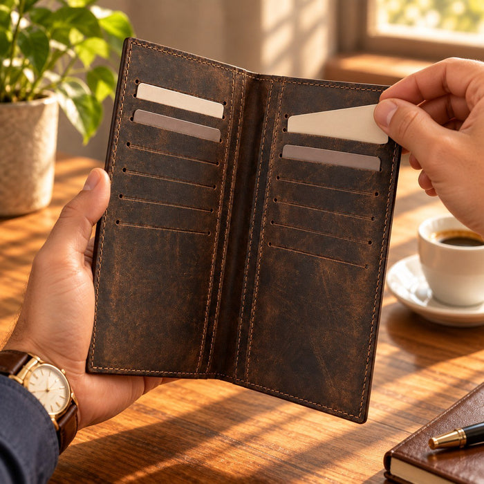 BarberSets Leather Long Bifold Card Holder Wallet - Dark Brown, X-Large (Model 103XL) - real photo, outer cover
