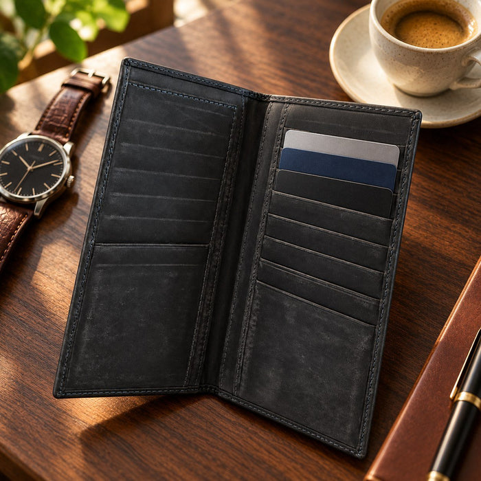 BarberSets Leather Long Bifold Card Holder Wallet - Navy Blue, Large (Model 104L) - lifestyle