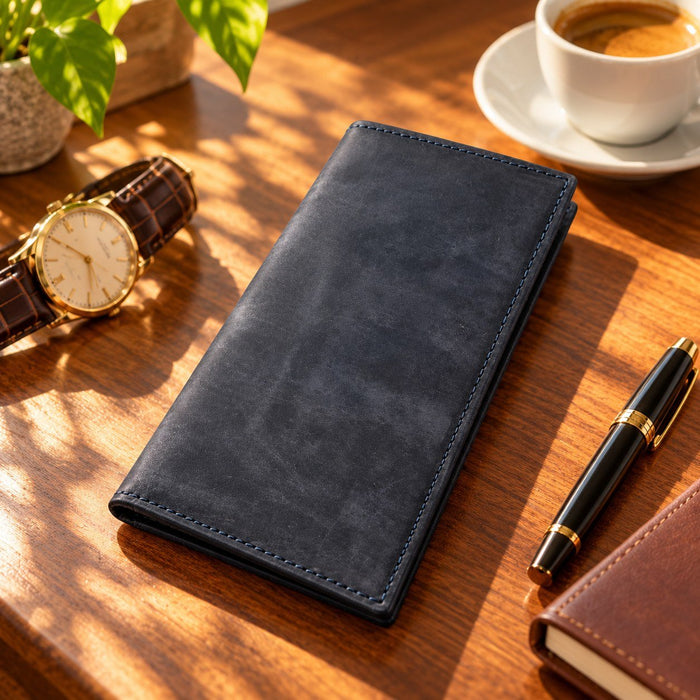 BarberSets Leather Long Bifold Card Holder Wallet - Navy Blue, Large (Model 104L) - real photo, open
