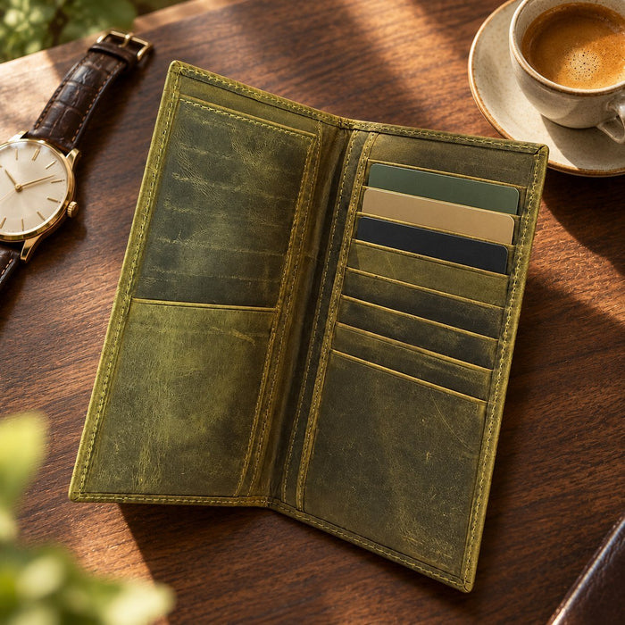 BarberSets Leather Long Bifold Card Holder Wallet - Light Green, Large (Model 105L) - lifestyle