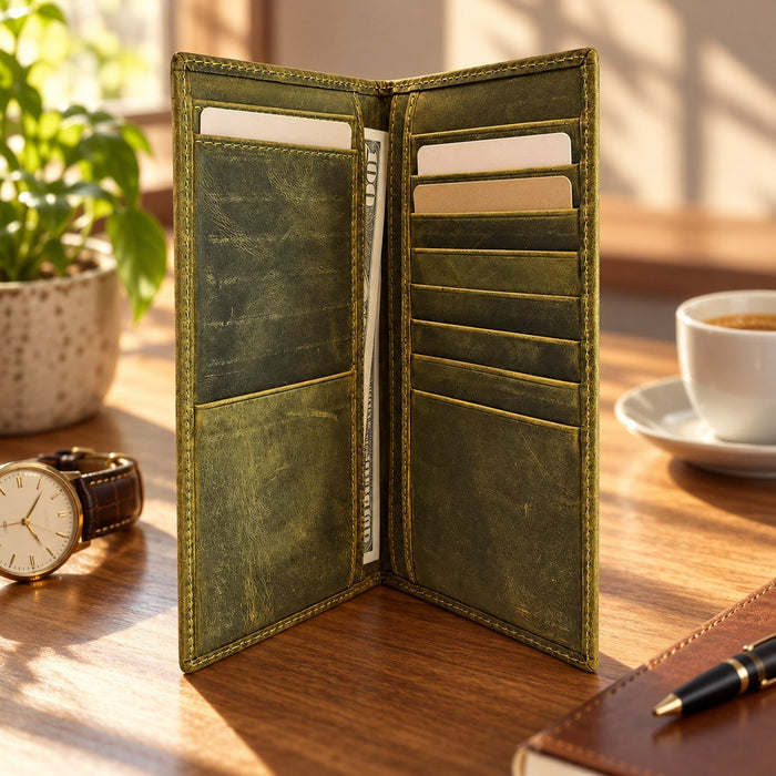 BarberSets Leather Long Bifold Card Holder Wallet - Light Green, Large (Model 105L)