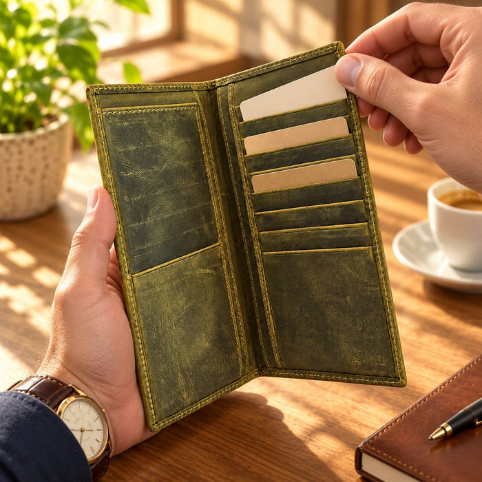 BarberSets Leather Long Bifold Card Holder Wallet - Light Green, Large (Model 105L) - real photo, outer cover