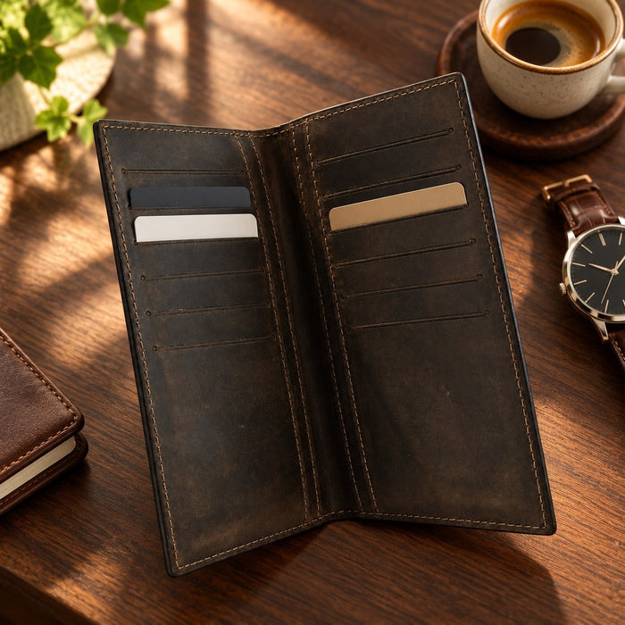 BarberSets Leather Long Bifold Card Holder Wallet - Dark Green, Medium (Model 106) - lifestyle