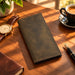 BarberSets Leather Long Bifold Card Holder Wallet - Dark Green, Medium (Model 106) - real photo, open