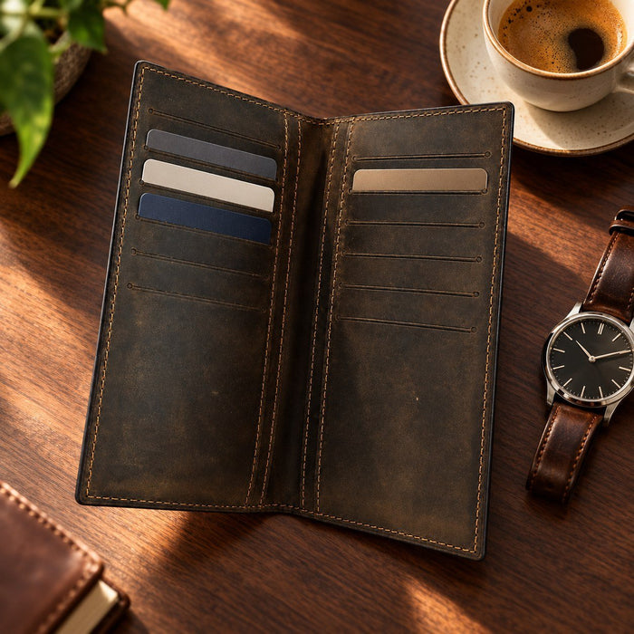 BarberSets Leather Long Bifold Card Holder Wallet - Dark Green, Large (Model 106L) - lifestyle