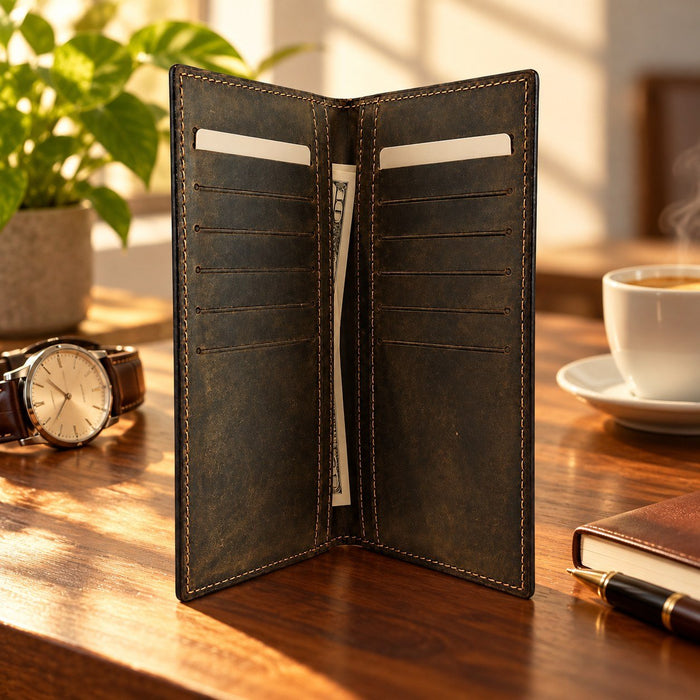 BarberSets Leather Long Bifold Card Holder Wallet - Dark Green, Large (Model 106L)