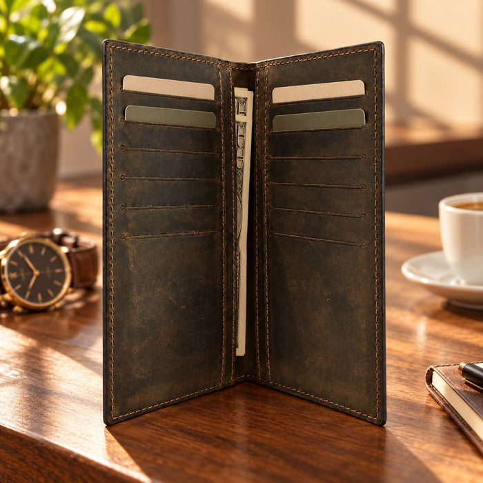 BarberSets Leather Long Bifold Card Holder Wallet - Dark Green, X-Large (Model 106XL)