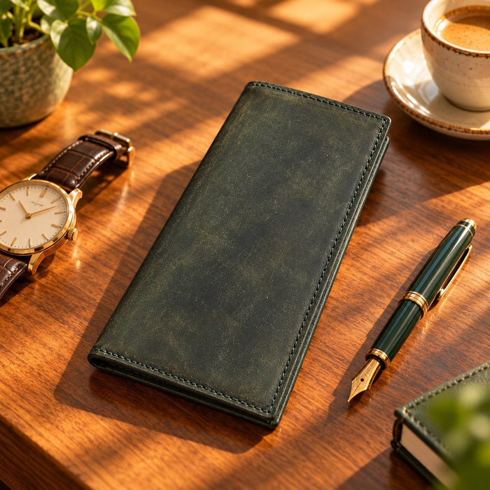 BarberSets Leather Long Bifold Card Holder Wallet - Green, Large (Model 107L) - real photo, open