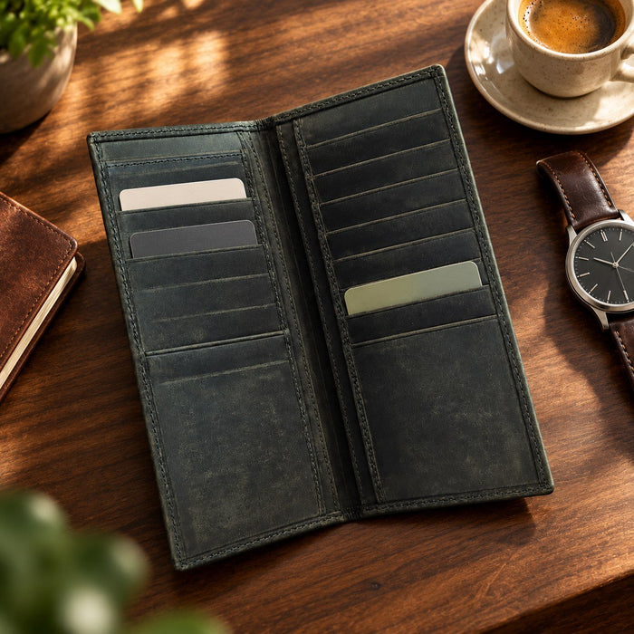 BarberSets Leather Long Bifold Card Holder Wallet - Green, X-Large (Model 107XL) - lifestyle