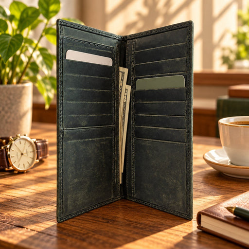 BarberSets Leather Long Bifold Card Holder Wallet - Green, X-Large (Model 107XL)