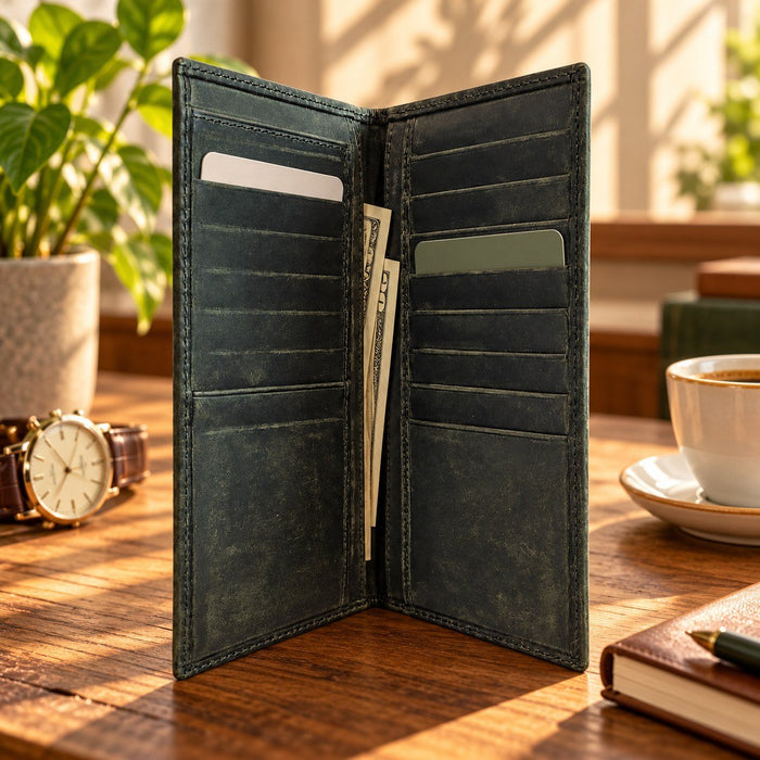BarberSets Leather Long Bifold Card Holder Wallet - Green, X-Large (Model 107XL)