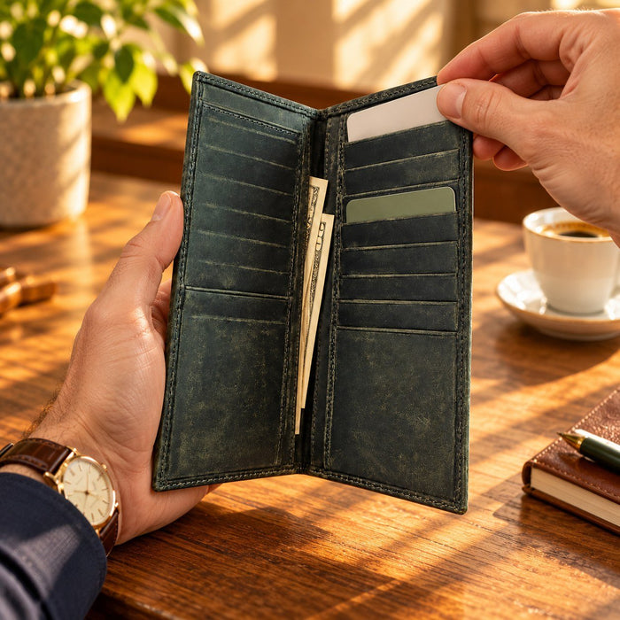 BarberSets Leather Long Bifold Card Holder Wallet - Green, X-Large (Model 107XL) - real photo, outer cover