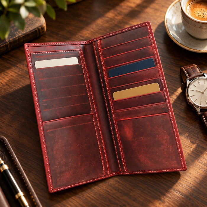 BarberSets Leather Long Bifold Card Holder Wallet - Red, Large (Model 108L) - lifestyle
