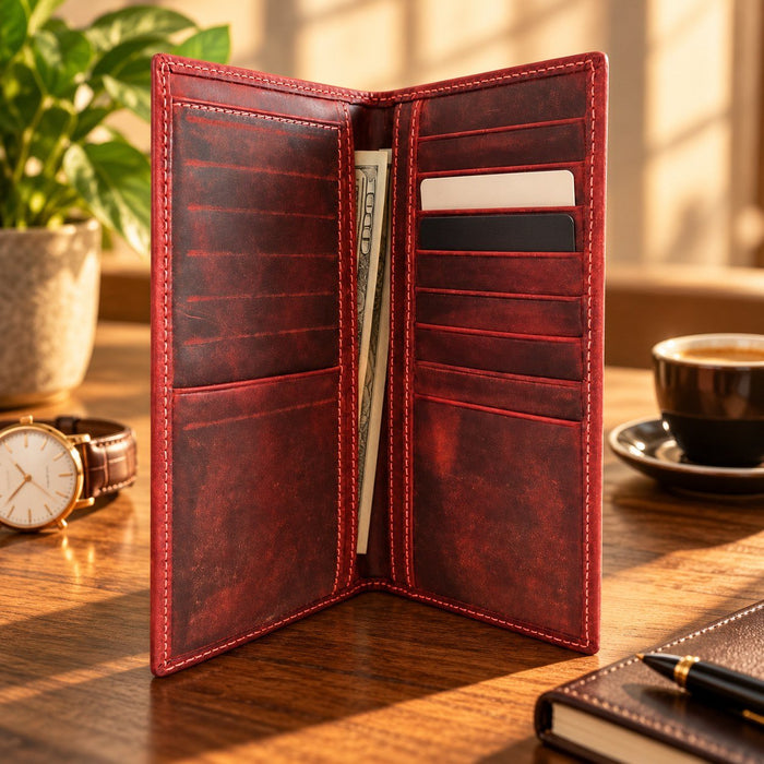 BarberSets Leather Long Bifold Card Holder Wallet - Red, Large (Model 108L)