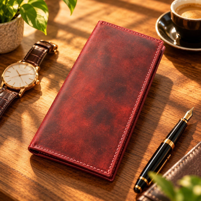 BarberSets Leather Long Bifold Card Holder Wallet - Red, Large (Model 108L) - real photo, open