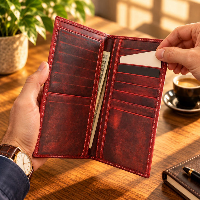BarberSets Leather Long Bifold Card Holder Wallet - Red, Large (Model 108L) - real photo, outer cover