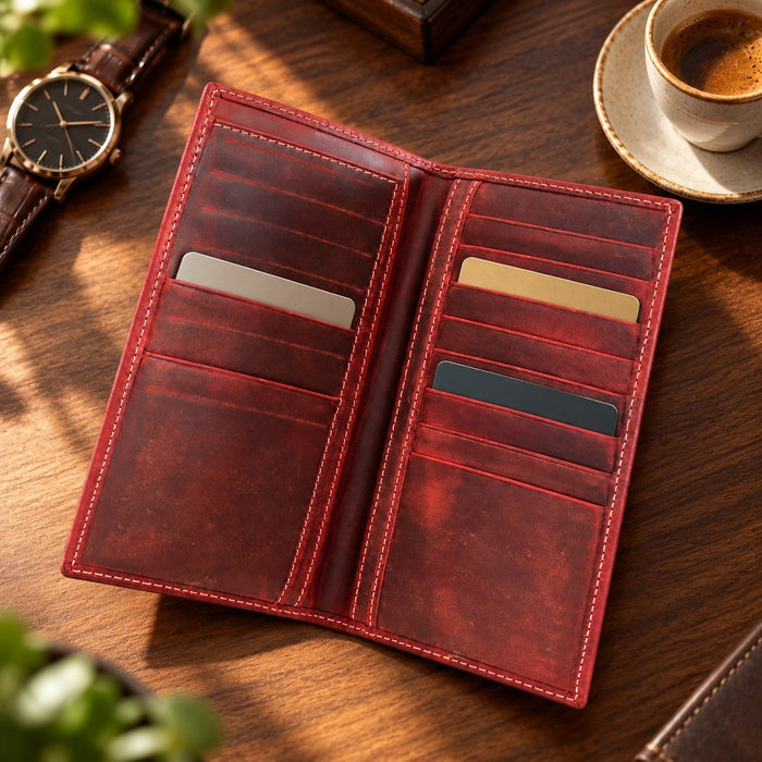 BarberSets Leather Long Bifold Card Holder Wallet - Red, X-Large (Model 108XL) - lifestyle