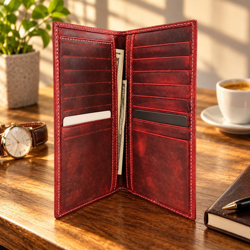 BarberSets Leather Long Bifold Card Holder Wallet - Red, X-Large (Model 108XL)