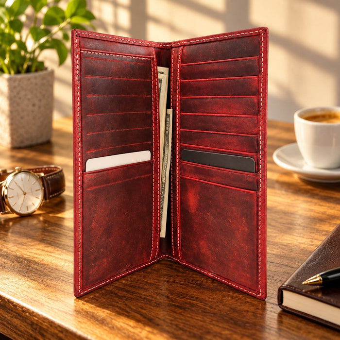 BarberSets Leather Long Bifold Card Holder Wallet - Red, X-Large (Model 108XL)