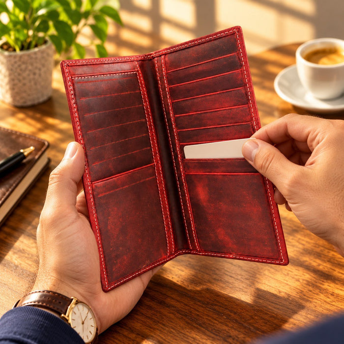 BarberSets Leather Long Bifold Card Holder Wallet - Red, X-Large (Model 108XL) - real photo, outer cover