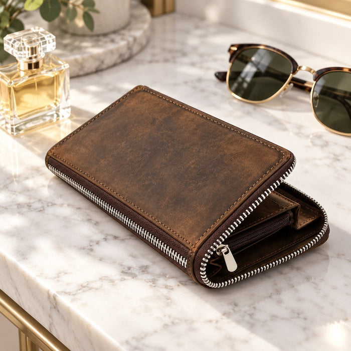 BarberSets Women's Leather Zip-Around Long Wallet - Dark Brown (Model 109) - lifestyle