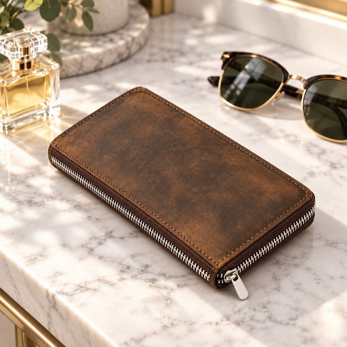 BarberSets Women's Leather Zip-Around Long Wallet - Dark Brown (Model 109) - real photo, open