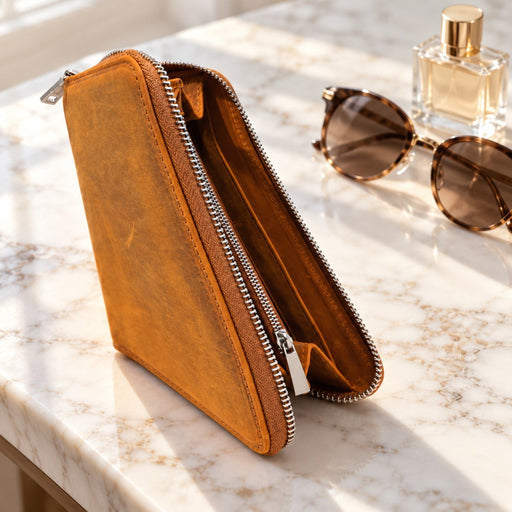 BarberSets Women's Leather Zip-Around Long Wallet - Light Brown (Model 109L) - lifestyle