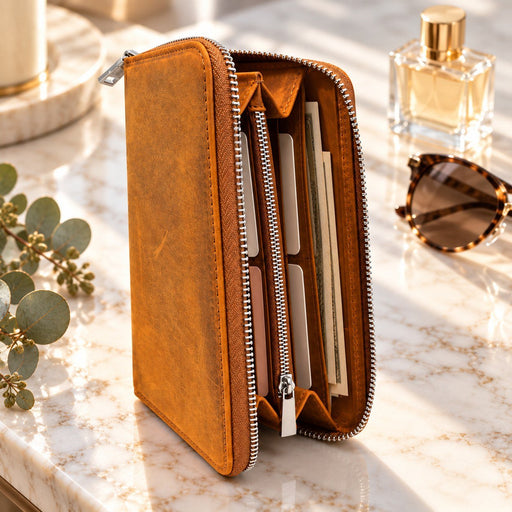 BarberSets Women's Leather Zip-Around Long Wallet - Light Brown (Model 109L)