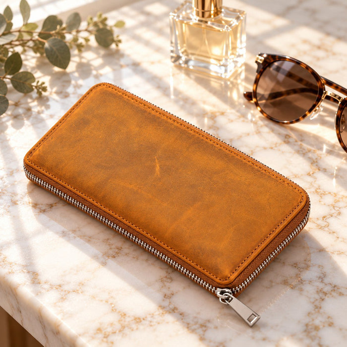 BarberSets Women's Leather Zip-Around Long Wallet - Light Brown (Model 109L) - real photo, open