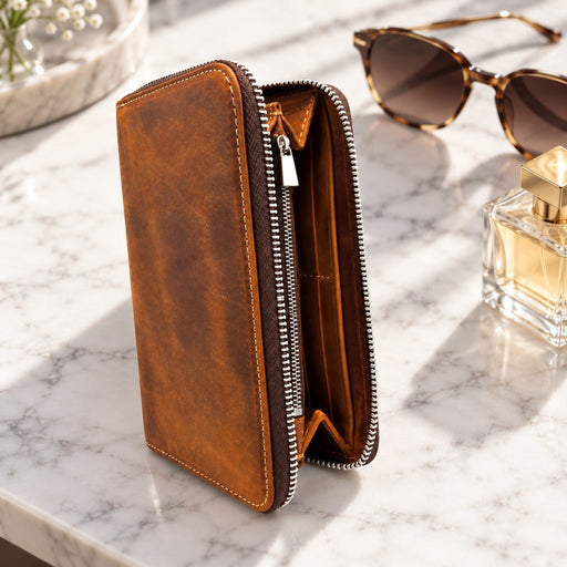 BarberSets Women's Leather Zip-Around Long Wallet - Medium Brown (Model 109M) - lifestyle