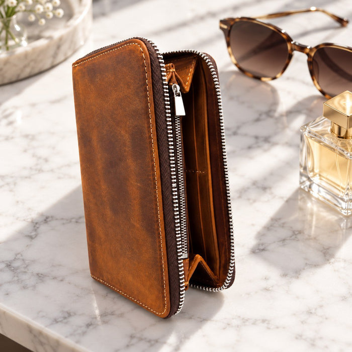 BarberSets Women's Leather Zip-Around Long Wallet - Medium Brown (Model 109M) - lifestyle
