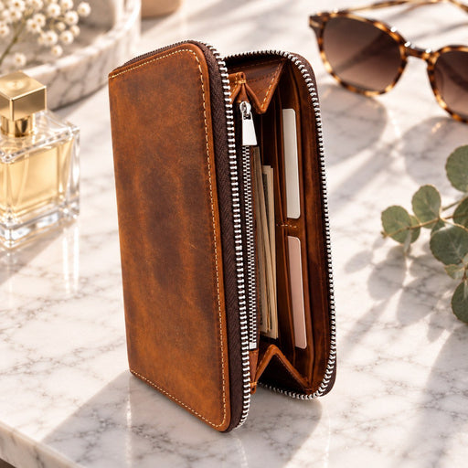 BarberSets Women's Leather Zip-Around Long Wallet - Medium Brown (Model 109M)