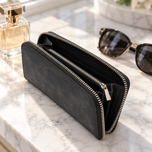 BarberSets Women's Leather Zip-Around Long Wallet - Black (Model 110) - lifestyle