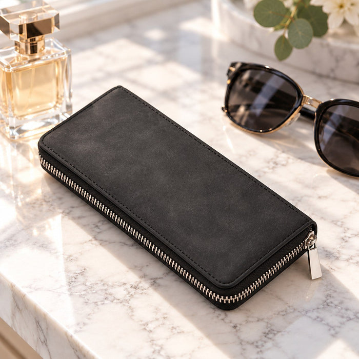 BarberSets Women's Leather Zip-Around Long Wallet - Black (Model 110) - real photo, open