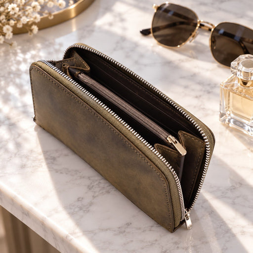 BarberSets Women's Leather Zip-Around Long Wallet - Dark Green (Model 111) - lifestyle