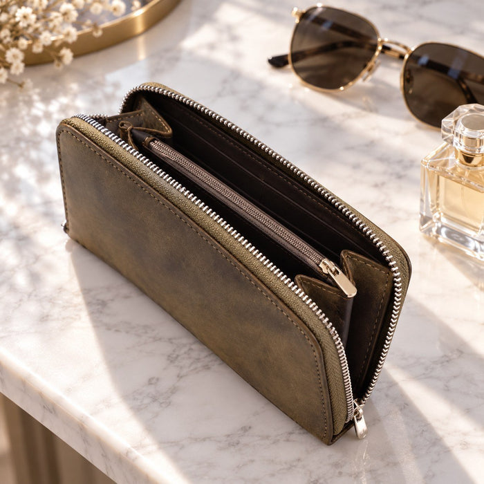 BarberSets Women's Leather Zip-Around Long Wallet - Dark Green (Model 111) - lifestyle