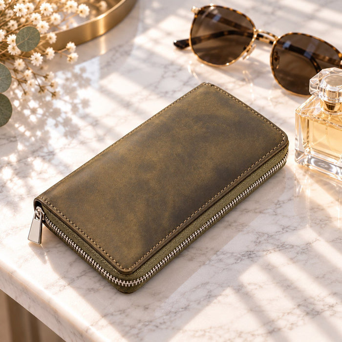BarberSets Women's Leather Zip-Around Long Wallet - Dark Green (Model 111) - real photo, open