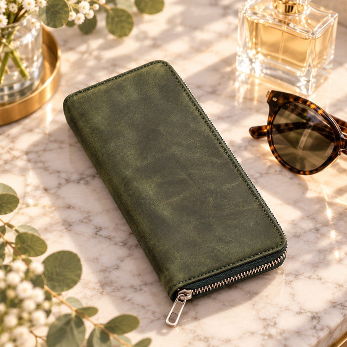 BarberSets Women's Leather Zip-Around Long Wallet - Medium Green (Model 111M) - real photo, open