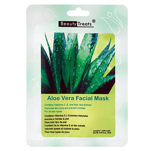 BEAUTY TREATS Mascarilla Facial Solución Refrescante de Vitamina C - Aloe Vera - Caja Expositor 24 Piezas