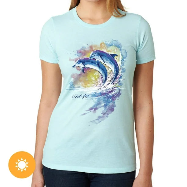 Girls Crew Tee - Watercolor Dolphins - Ice Blue by DelSol for Women - 1 Pc T-Shirt (YL)