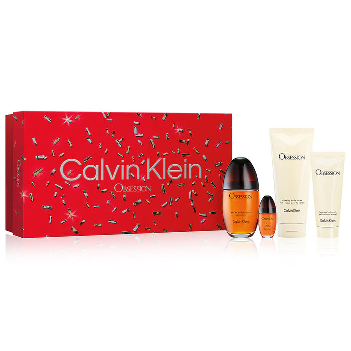 Obsession de Calvin Klein pour femme - Coffret 4 pièces Spray EDP 3,3 oz, Spray EDP 0,5 oz, Gel douche 3,4 oz, Lotion pour le corps 6,7 oz