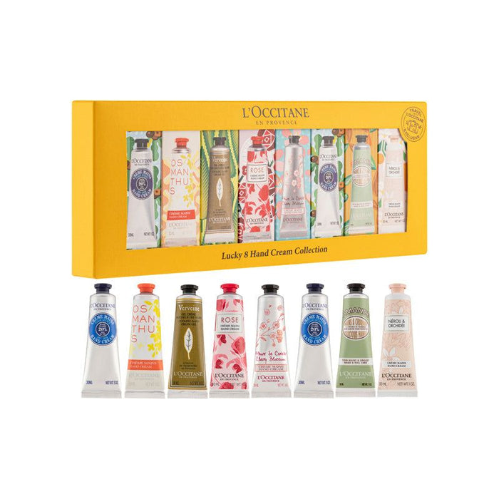 Fantástico kit de 8 cremas para manos de LOccitane para unisex: 8 x 1 oz para piel seca de karité, rosa, flor de cerezo, lavanda, flora pivoina, almendra y gel de crema refrescante para manos Verveine 