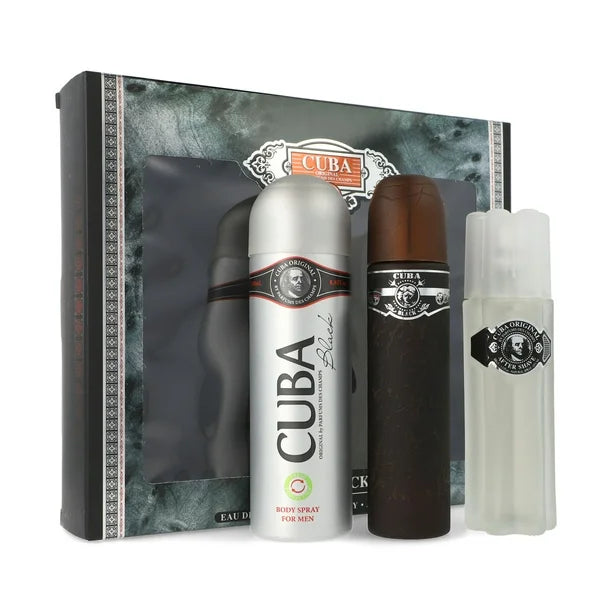 Cuba Black by Cuba for Men - 3 Pc Gift Set 3.3oz EDT Spray, 3.3oz After Shave, 6.7oz Body Spray