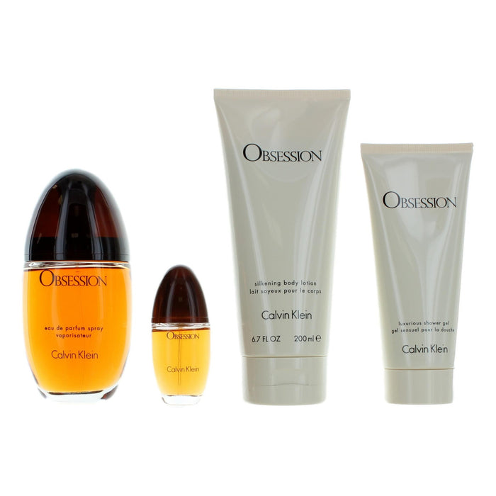 Obsession de Calvin Klein pour femme - Coffret 4 pièces Spray EDP 3,3 oz, Spray EDP 0,5 oz, Gel douche 3,4 oz, Lotion pour le corps 6,7 oz